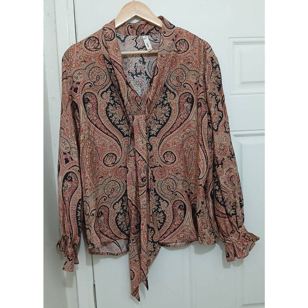 Mng womens large coral pink bow tie neck paisley blouse 100% viscose shirt